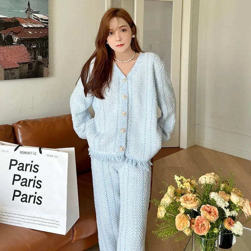 Winter Ins Sweet Tassel Cardigan Set Sleepwear Women's Winter Thick Warm Knitted Home Clothes Two Piece Set Light Blue