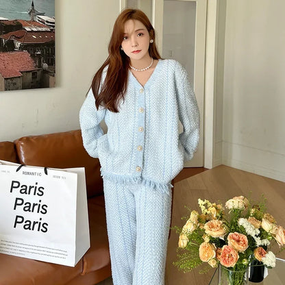 Winter Ins Sweet Tassel Cardigan Set Sleepwear Women's Winter Thick Warm Knitted Home Clothes Two Piece Set Light Blue