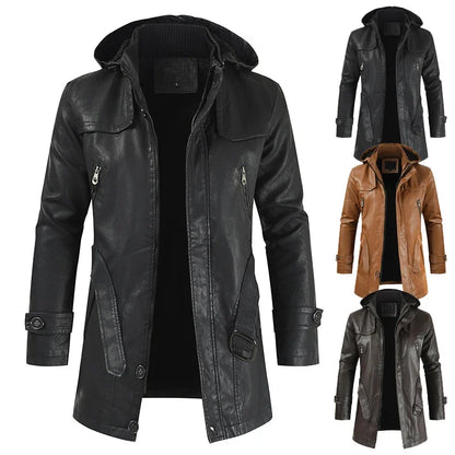 Coat Windproof Clothes Men's Hooded Long Leather coat Men's Leather Motorcycle Leather fashion Winter Korean Fashion Jacket