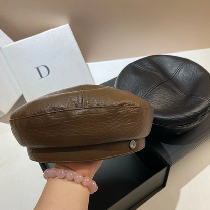 PU Leather Beret Caps Women Fashion Artist Painter Hat Letter M Female Berets Flat Top Octagonal Cap Ladies All-Match Caps