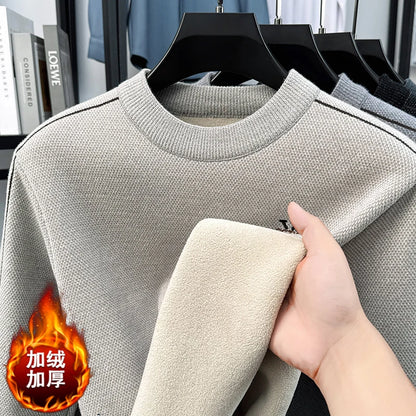 Winter 2025 Men's Sweater with Fleece and Mink Fur for Middle-aged Warmth, Integrated Fleece Base, Embroidered Round Neck Top
