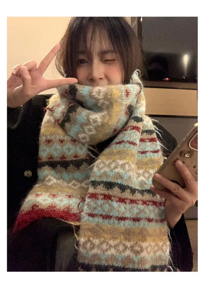 Women's Winter Scarf Sweet Style Warm Scarf Knitted Wool Scarf  Winter High End Retro Thickened Warm Woolen Scarf Fashion Scarf