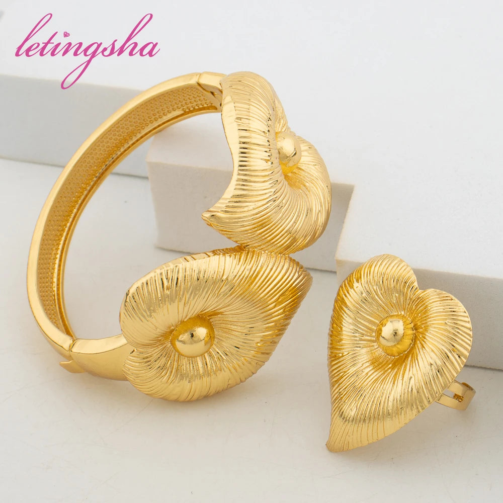 Fashion Jewelry Set for Women Large Hoop Earrings and Bangle Ring Weddings Bride Trendy Bracelet and Earrings Jewelry Set