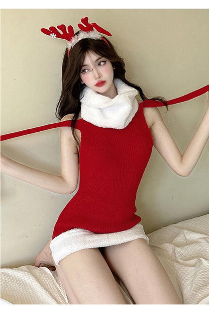 Women's Sweater Dress Christmas Pullover Red Backless Knitted Sleeveless Turtleneck Loose Jumper Festival Autumn Winter Sweaters