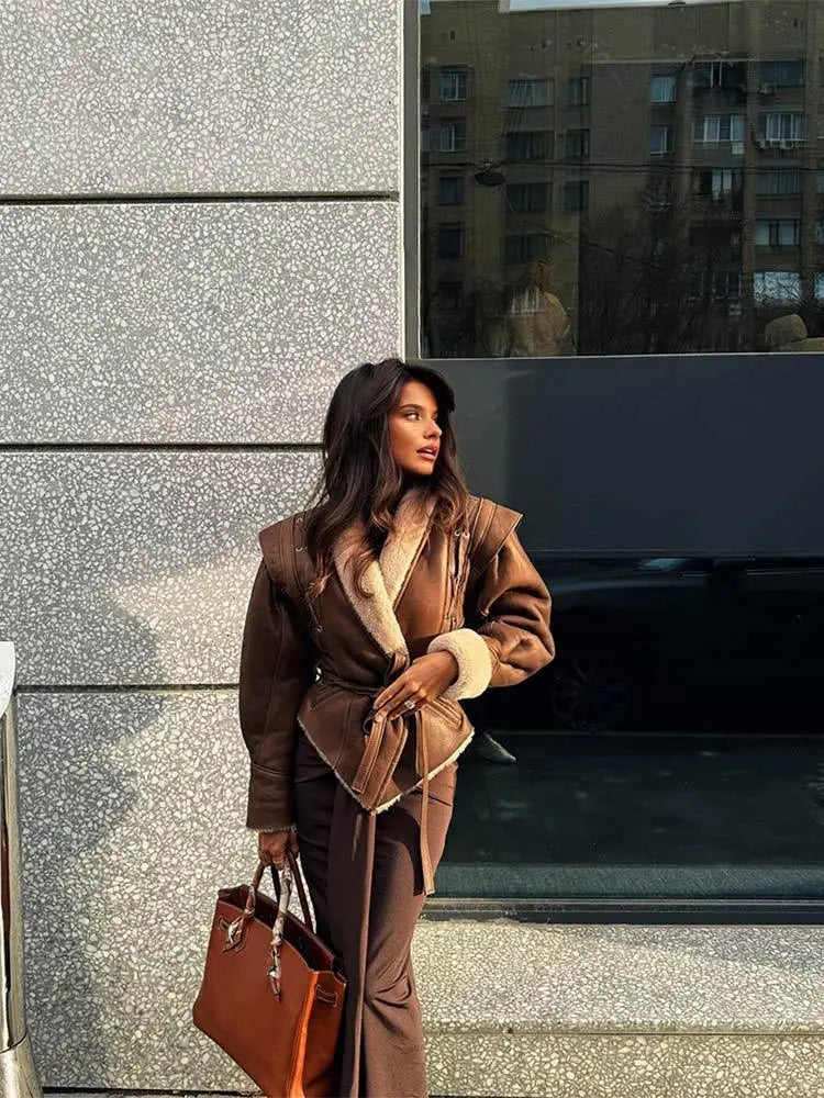 Leather Jackets Women's With Belt Fur Coat Streetwear Fashion Solid Outwear Woman Elegant Jackets Chaqueta De Cuero Para Mujer