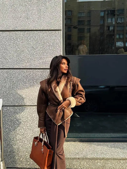 Leather Jackets Women's With Belt Fur Coat Streetwear Fashion Solid Outwear Woman Elegant Jackets Chaqueta De Cuero Para Mujer