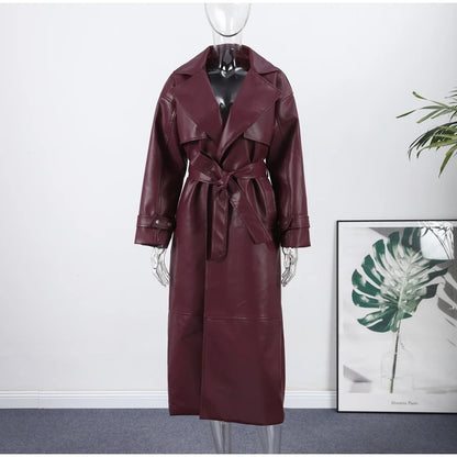 Fashion PU Leather Long Overcoats With Belt Women Luxury Lapel Button Oversize Jackets Female 2025 Autumn High Street Outerwear