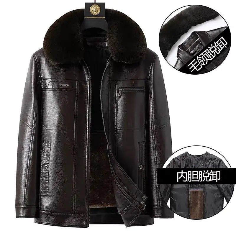 Natural Leather Jacket For Men Fur Thick Loose Plus Velvet Winter Black Leather Coats Male Sheepskin Coat Man With Fur Collar