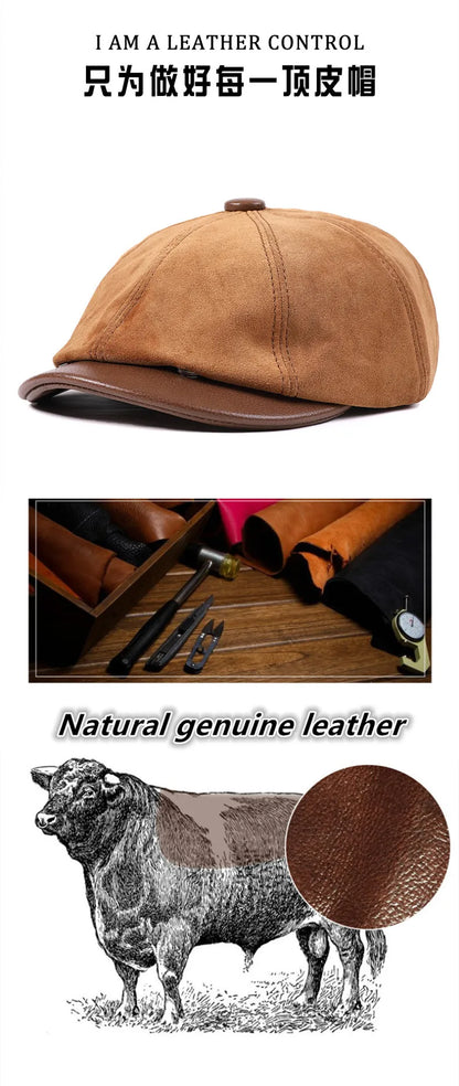 New Autumn Winter Natural Genuine Leather Caps For Men Suede Cowhide Leather Warm Berets Women's Hats British Fashion Golf Cap