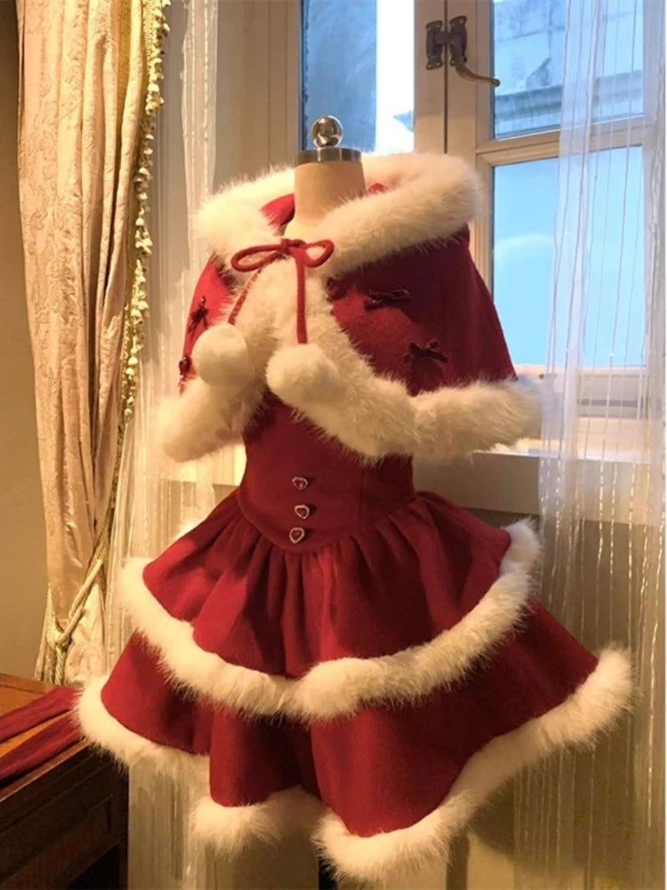 Winter Christmas Sweet 2 Piece Set Women Design Faux Fur Cape Coat + Short Party Dresses Japanese Fashion Elegant Kawaii Outfits