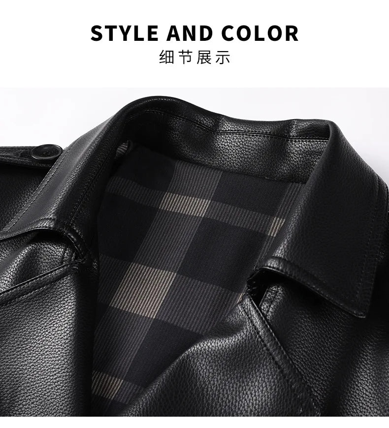 High Quality Knee-Length Men's Leather Overcoat for Autumn & Winter Double Breasted  Business Windbreaker Leather Coats PU-026