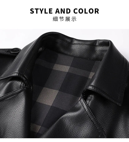 High Quality Knee-Length Men's Leather Overcoat for Autumn & Winter Double Breasted  Business Windbreaker Leather Coats PU-026