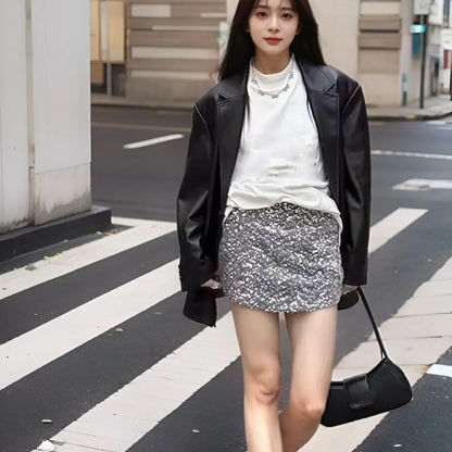 Fashion Lapel Collar Leather Jacket Women Outerwear Korean Chic Vintage PU Coats Loose Retro Suit Leather Jacket Autumn/Winter