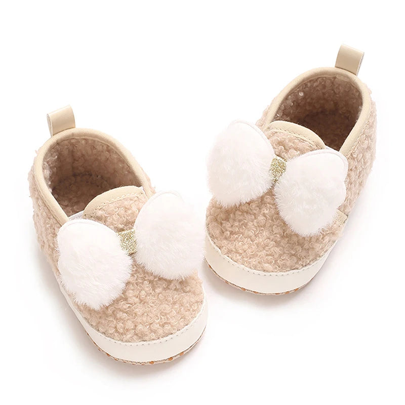 Cute Toddler Winter Boots Warm Plush Snow Booties Slip-on Soft Sole Shoes for Baby Girls with Bow Decoration and Anti-Skid