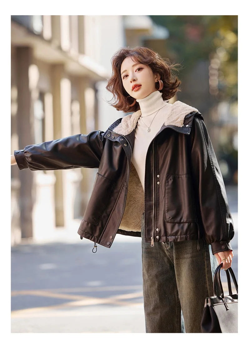 2025 Winter Leather Jacket Women Add-velvet Thicken Warm Coats Loose Hooded Short Jackets Streetwear Windproof Leather Outerwear