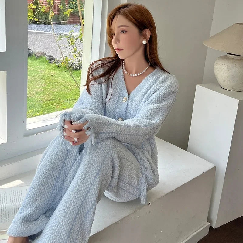 Winter Ins Sweet Tassel Cardigan Set Sleepwear Women's Winter Thick Warm Knitted Home Clothes Two Piece Set Light Blue