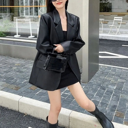Fashion Lapel Collar Leather Jacket Women Outerwear Korean Chic Vintage PU Coats Loose Retro Suit Leather Jacket Autumn/Winter