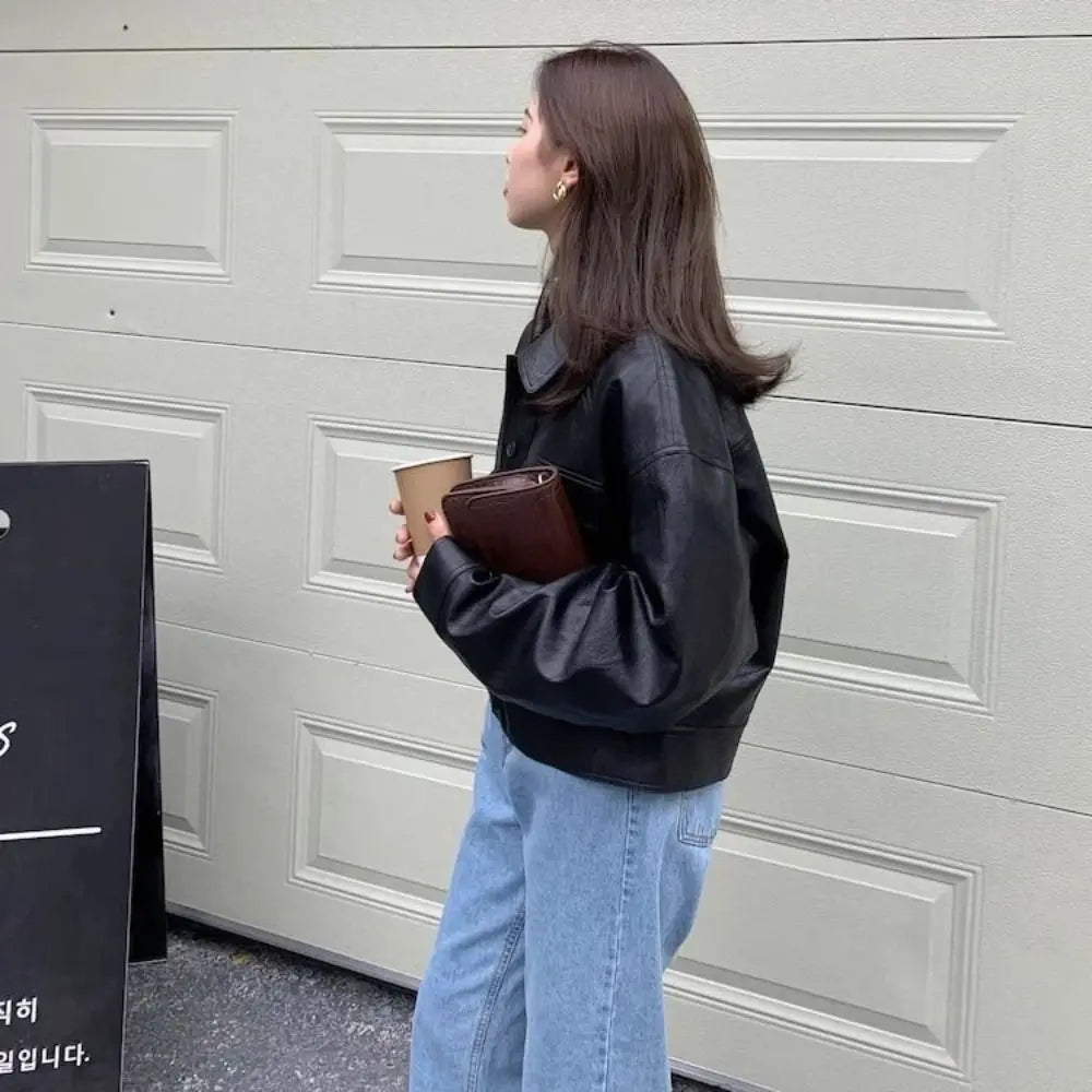 Fashion Lapel Collar Leather Jacket Women Outerwear Retro Vintage PU Coats Korean Chic Windbreaker Jackets Autumn/Winter