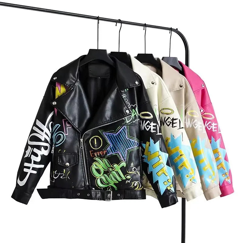 Fashion Brand Coat PU Leather Jacket Women Colorful Print Graffiti Soft Punk Coats Slim Locomotive Cropped Jacket Leather Top 1