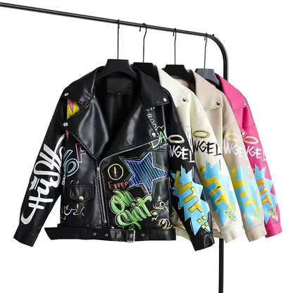 Fashion Brand Coat PU Leather Jacket Women Colorful Print Graffiti Soft Punk Coats Slim Locomotive Cropped Jacket Leather Top 1