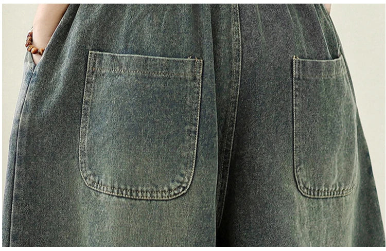 Jeans Women 2025 Autumn New Jeans Retro Heavy Industry Embroidery Ethnic Style Elastic Waist Casual Oversized Wide Leg Pants