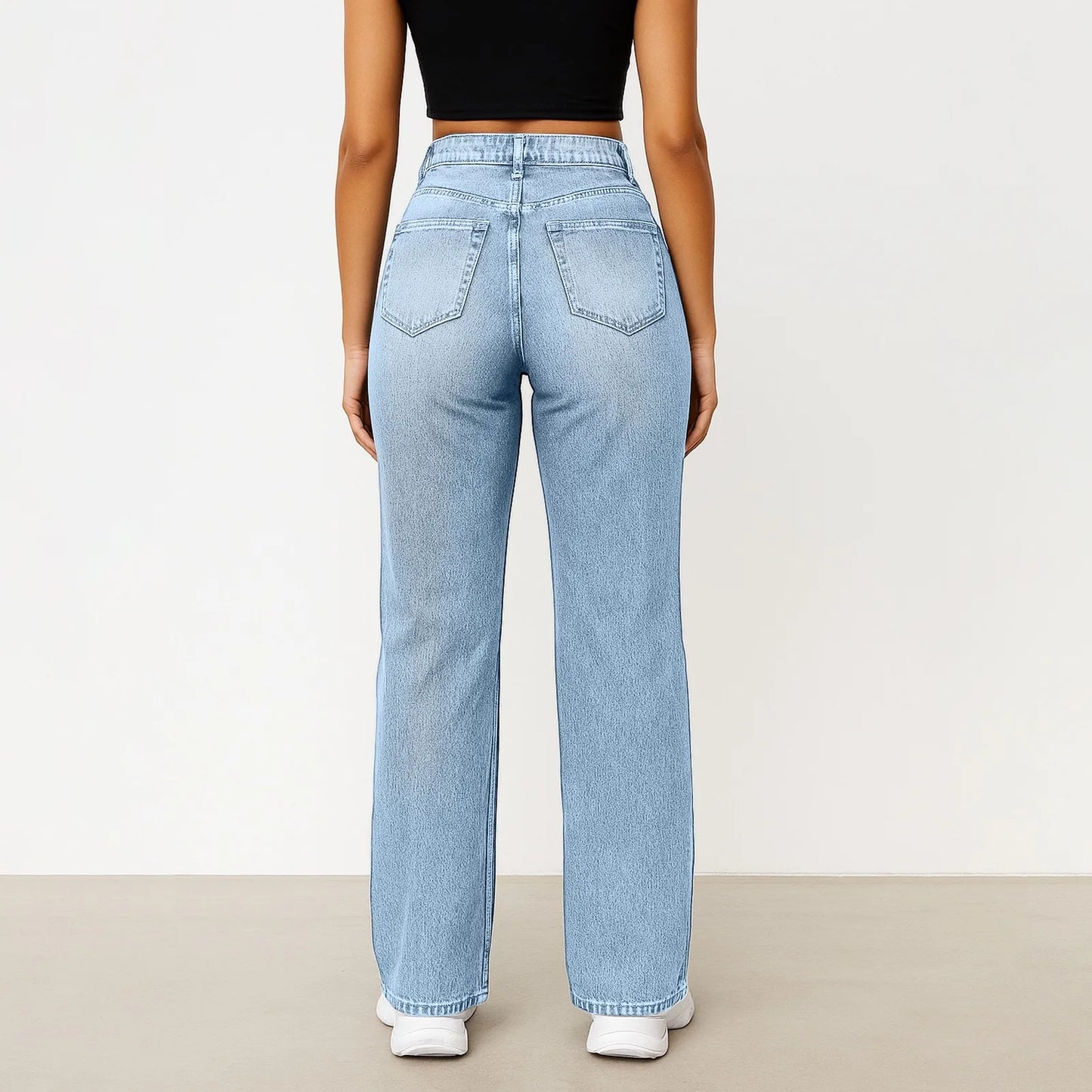 Wide-Leg Jeans Women Light Blue High-Waisted Simple Design Fashionable Trousers Loose-Fitting High-Height Pants Suitable Daily