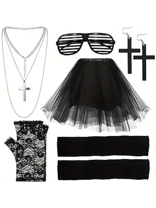 80s women's clothing accessories set includes a pompadour skirt striped glasses lace gloves leg sets earrings and necklaces