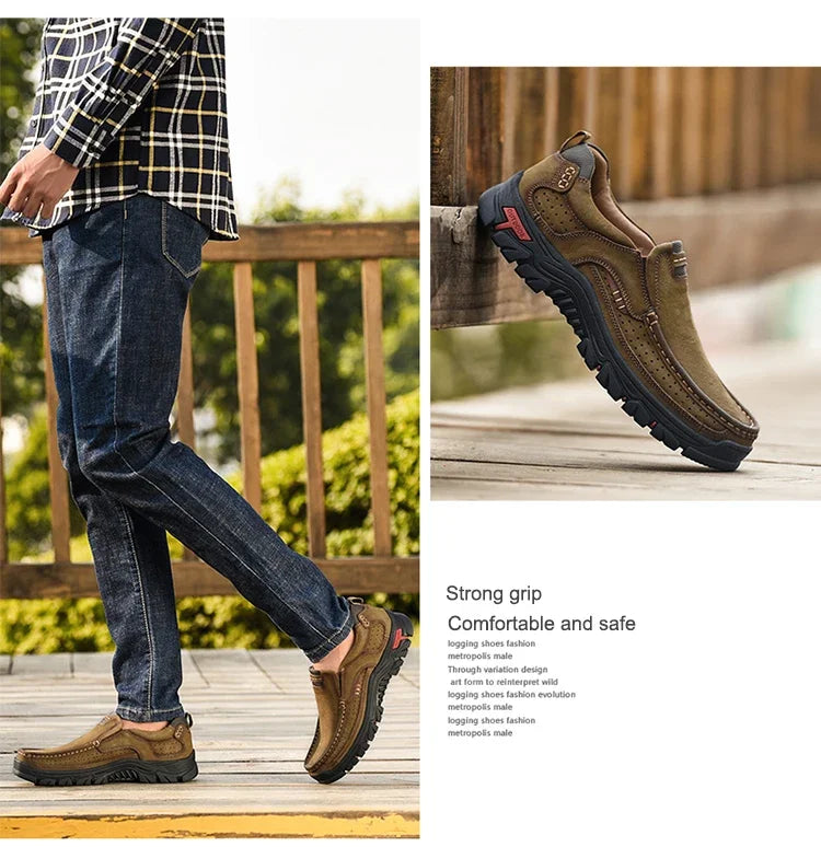 Handmade Leather Men Shoes Casual Outdoor Slip On Loafers Men Leather Shoes Flats Moccasins Walking Shoes Non-Slip Dropshipping