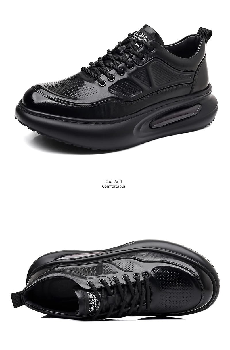 Genuine Leather Shoes Men Trendy Athletic Casual Walking Business Office Air Cushion Sneaker Sports Lightweight Streetwear Brown