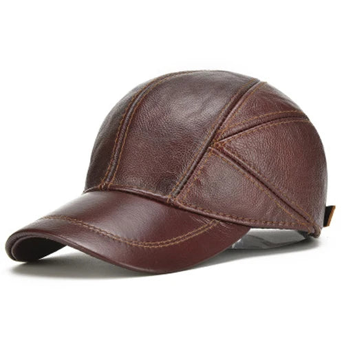 Men's 2025 Casual Real Leather Earflap Cap Men Real Cowhide Leather Caps Male Fall Winter Genuine Real Cow Leather Baseball Hats