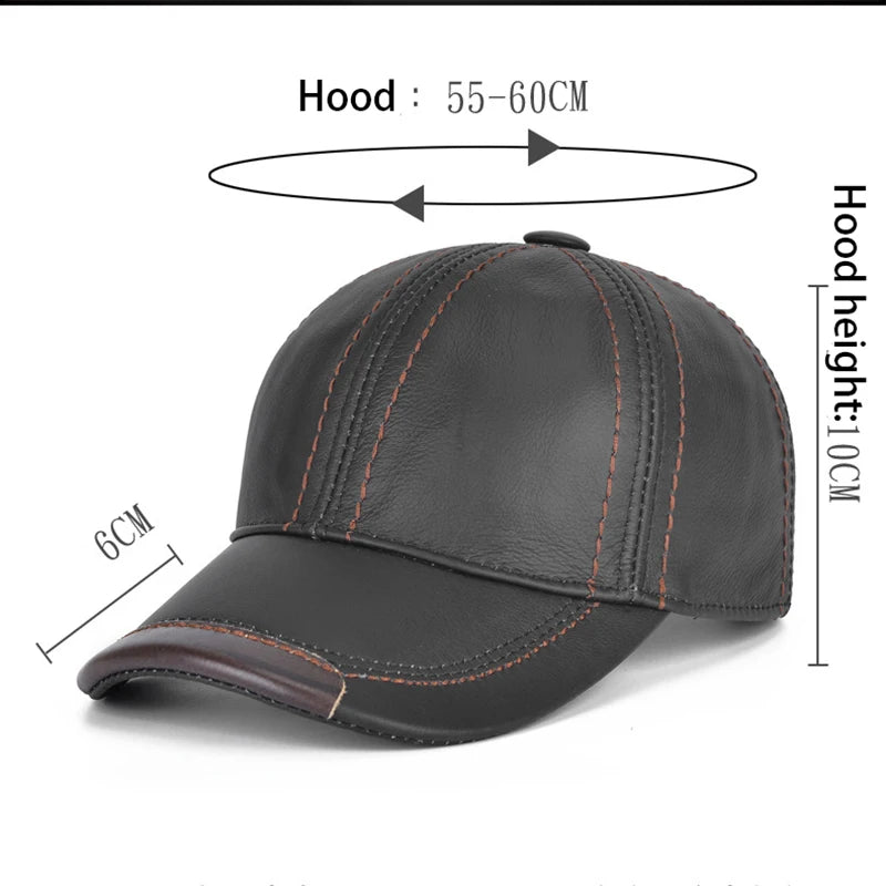 Men Real Cowhide Leather Earlap Caps Male Fall Winter 100% Real Cow Leather Hats New Casual Real Leather Outdoor Baseball Cap