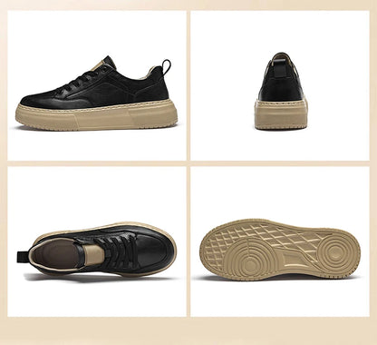 Genuine Leather Men's Casual Shoes, Thick-soled, Anti-slip, Wear-resistant, Height-increasing, Street Fashion, Retro Board Shoes