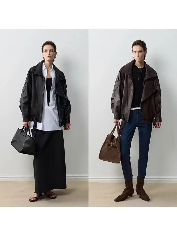 Faux Pu Leather Coats Women Solid Jackets Belt Zipper Turn Down Collar Long Sleeves Loose Casual Streetwear 2025 Spring Autumn