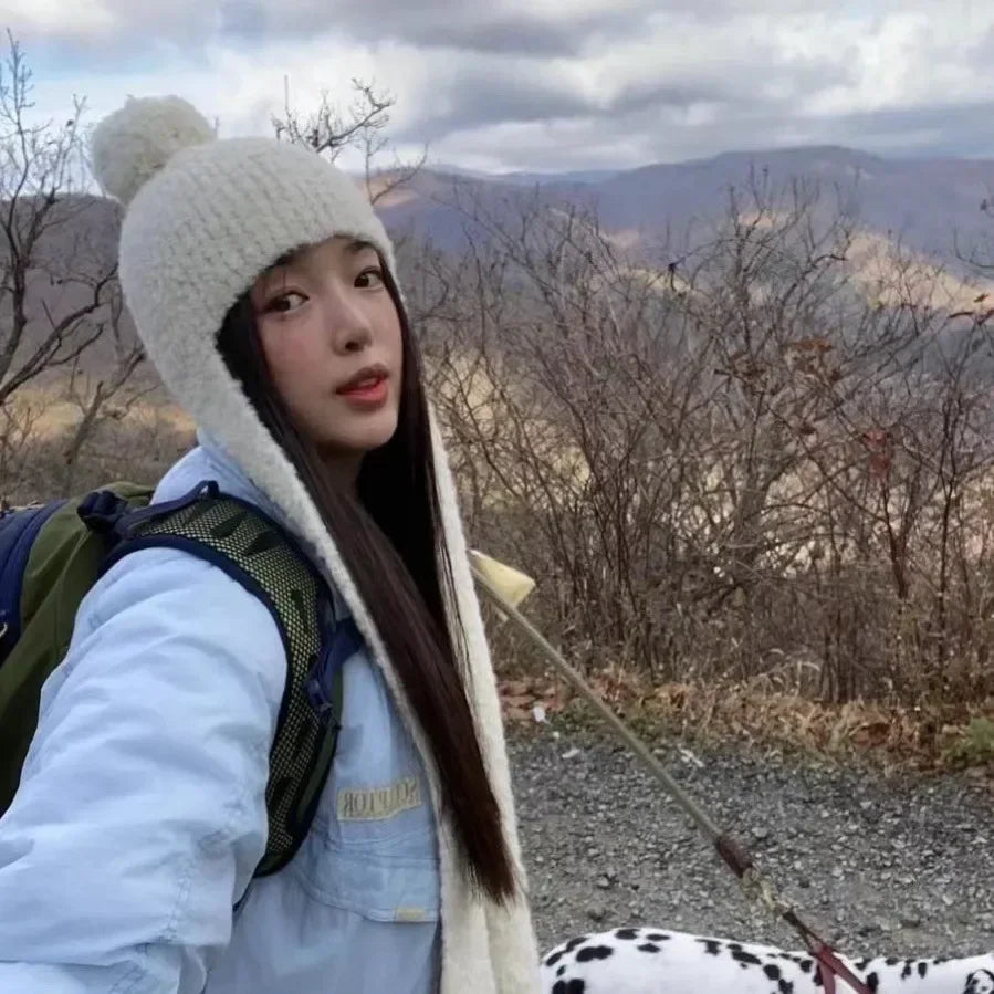 Winter Sweet Girl's Must-have - Wool Blend Beanie with Scarf and Shiny Furball