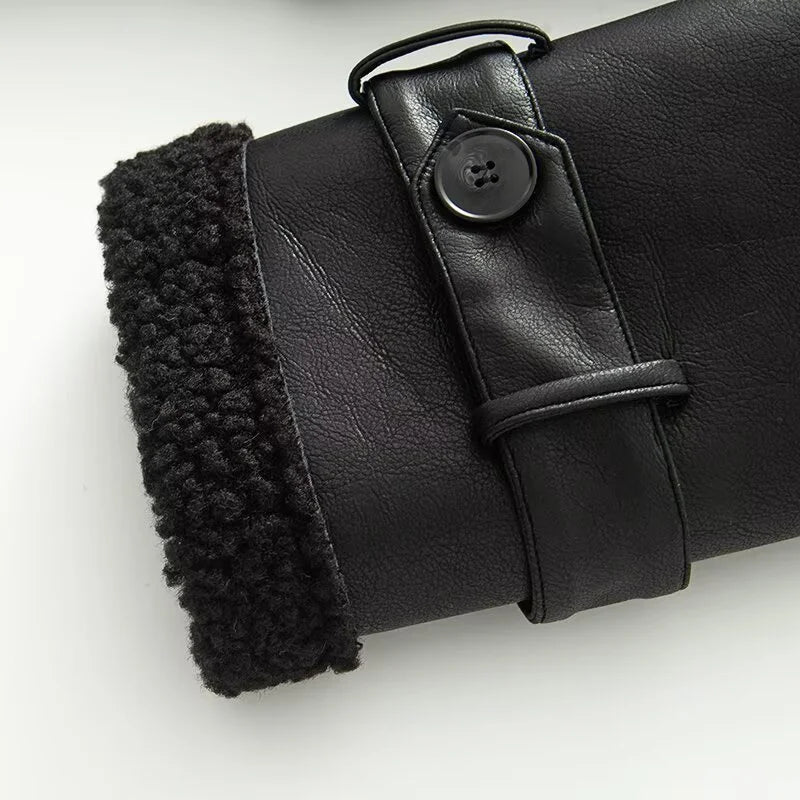 Women's Coat 2025 Autumn New Style Black Long-Sleeve Leather and Fur Integrated Coat with Belt High-End Outerwear Elegant