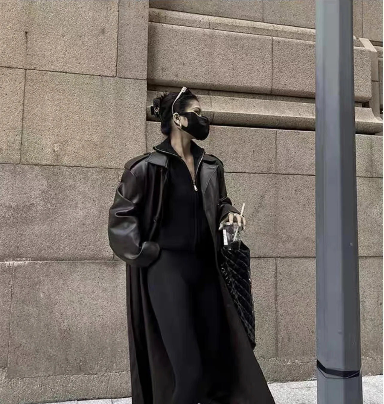 Women Faux PU Leather Coats Turn Down Collar Black High Waist Lace Up Long Jackets Casual Elegant Y2k Maxi Loose Windbreak