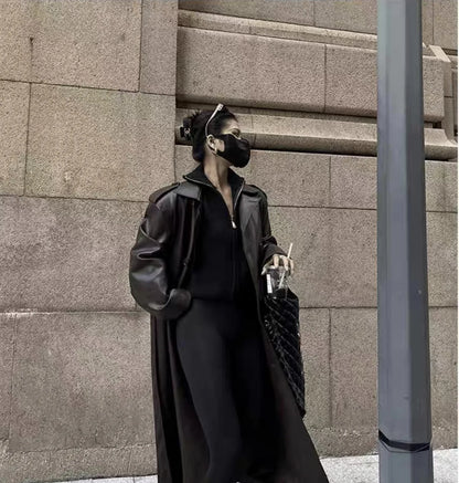 Women Faux PU Leather Coats Turn Down Collar Black High Waist Lace Up Long Jackets Casual Elegant Y2k Maxi Loose Windbreak