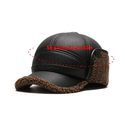 PU Leather Baseball Cap Men Winter Warm Hat Dad Grandpa Thermal Hat Thick Warm Leather Hat Old Man Ear Protection Cap