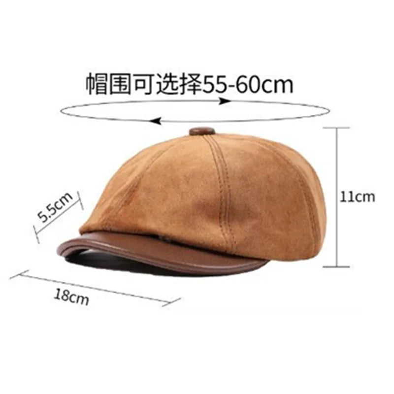 New Autumn Winter Natural Genuine Leather Caps For Men Suede Cowhide Leather Warm Berets Women's Hats British Fashion Golf Cap