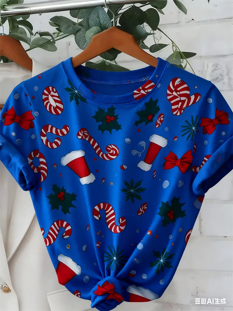 Christmas elements sweet candy snowflake 3D printed women's short sleeved T-shirt fashion casual party holiday Woman y2k clothes