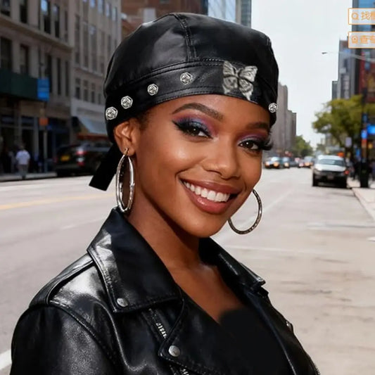 PU Leather Black Biker Cap Doo Rag Bandana Waterproof Butterfly Cap Cool Adjustable Motorcycle Leather Hat for Women and Men