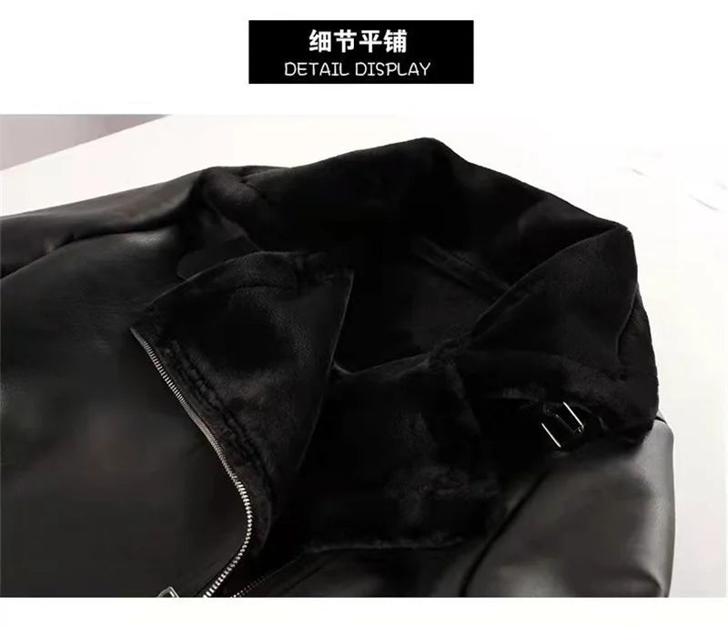 Women Leatherette Coat Female Loose Outwear Extra Thick Warm Extra Thick Lamb Wool New Autumn Winter Pu Leather Jacket