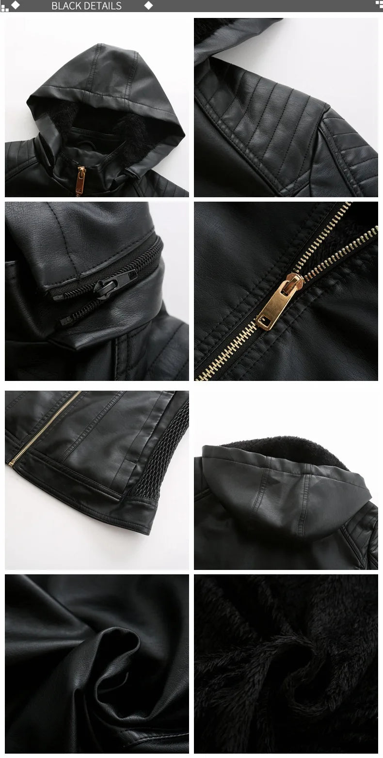 Faux Leather Women Coat Hooded Full Sleeve Slim Fit Solid Sexy Regular Jackets Zipper Casual Splice Coats Thick Warm Jacket