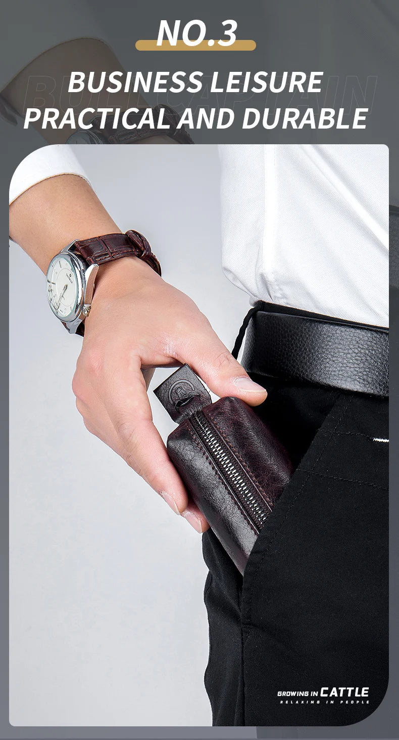 BULLCAPTAIN Genuine Leather Men's Car Keychain Leather Key Case High Quality Men's Butler Key Clip Zipper Two Card Key Case