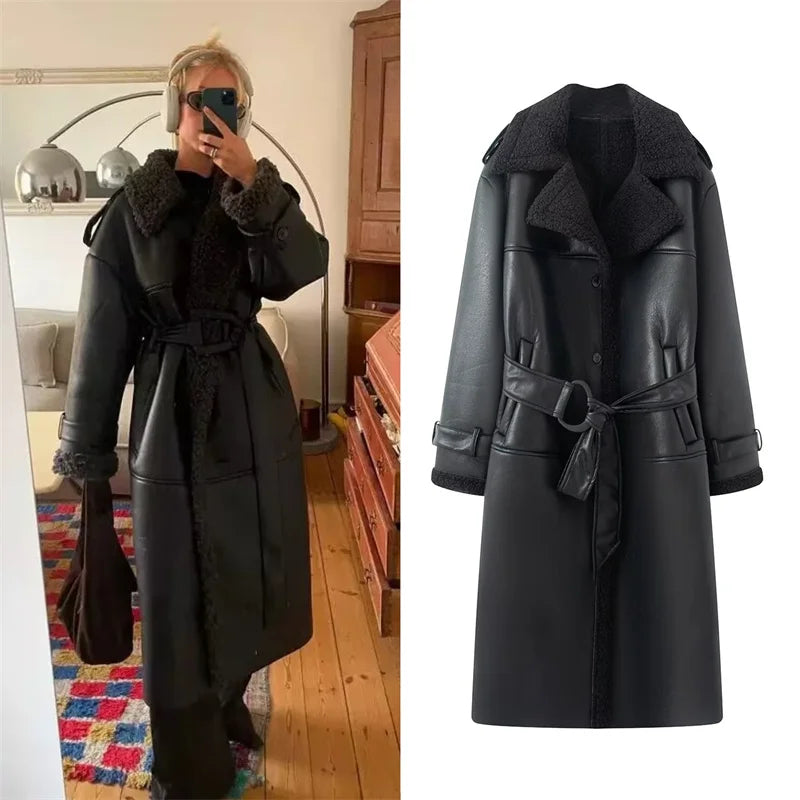 Women's Coat 2025 Autumn New Style Black Long-Sleeve Leather and Fur Integrated Coat with Belt High-End Outerwear Elegant