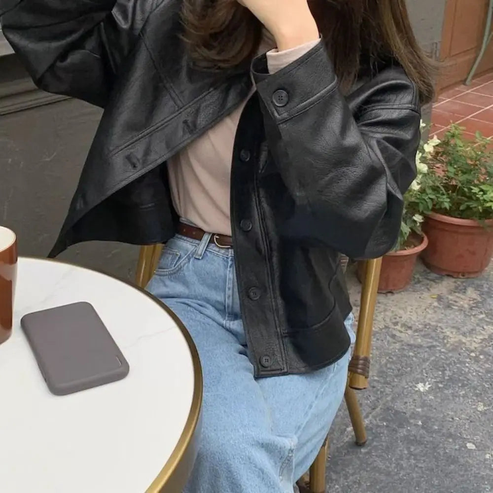 Fashion Lapel Collar Leather Jacket Women Outerwear Retro Vintage PU Coats Korean Chic Windbreaker Jackets Autumn/Winter