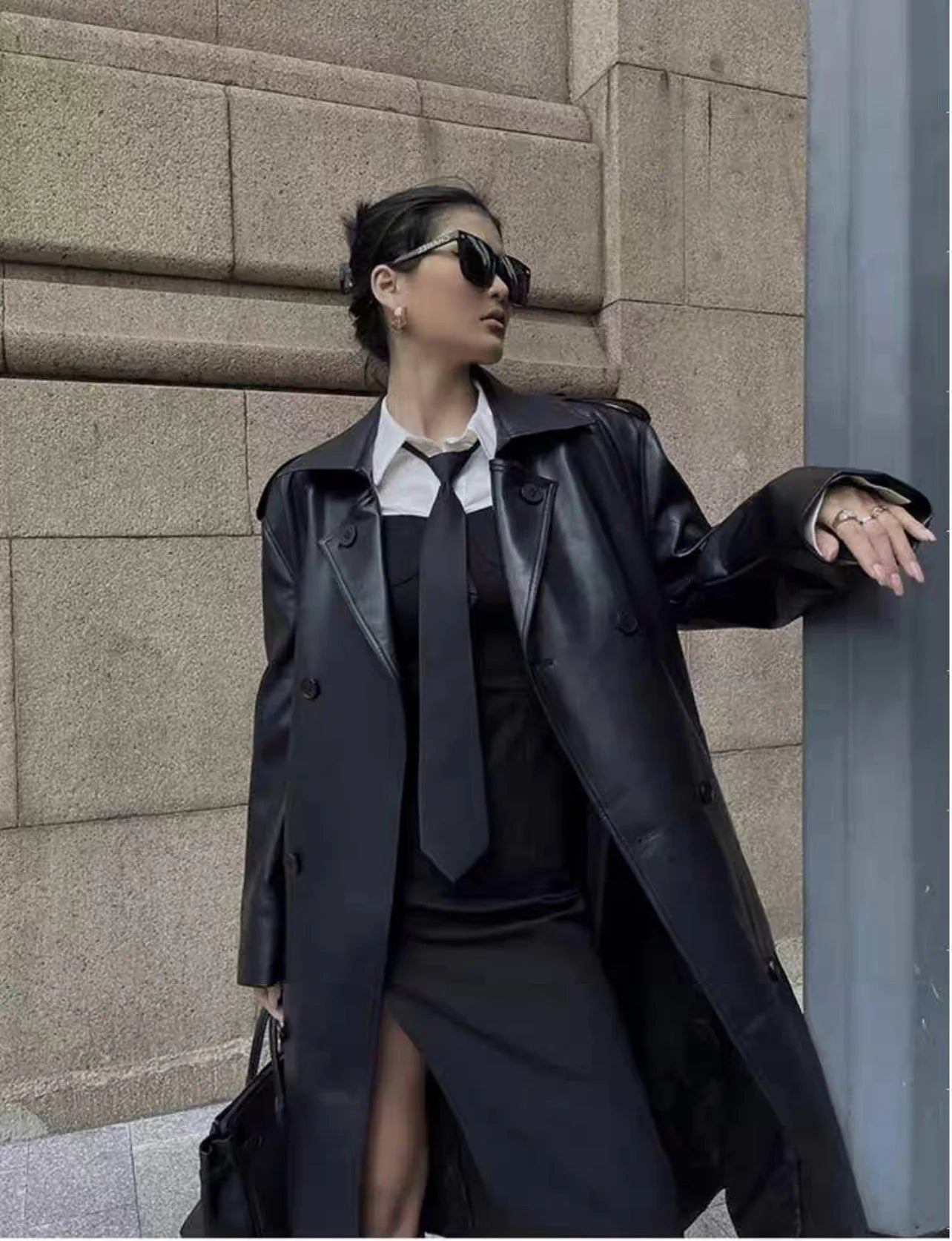 Women Faux PU Leather Coats Turn Down Collar Black High Waist Lace Up Long Jackets Casual Elegant Y2k Maxi Loose Windbreak