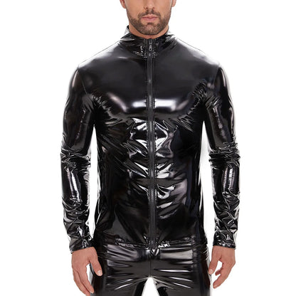 Men PVC Leather Jacket Cool Motorcycle Jacket Tops Handsome Long Sleeve Coats Male Slim Fit Zipper Windproof Coats Autumn