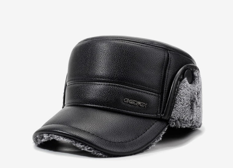 Mens Leather Flat Top Baseball Cap Warm Ear Hat for Elderly in Autumn Winter Thickened Fleece-lined Cold Cap