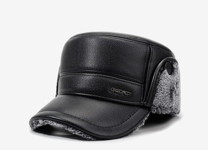 Mens Leather Flat Top Baseball Cap Warm Ear Hat for Elderly in Autumn Winter Thickened Fleece-lined Cold Cap